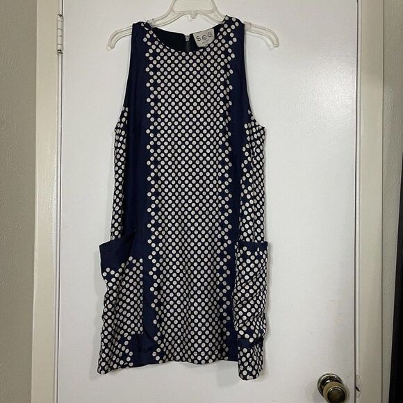 SEA New York Navy Blue Polka Dot Silk Short Shift sleeveless dress size US 10 - Picture 1 of 8